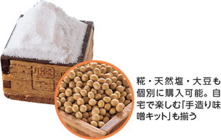 糀・天然塩・大豆も個別に購入可能。自宅で楽しむ「手造り味噌キット」も揃う