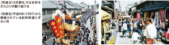本町での９月祭礼の様子や、平成9年（1997）から開催されている紀州街道にぎわい市の様子の画像
