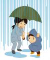 激しい雨の中傘をさし、しゃがみ込む子どもと立って傘をさす女性のイラスト