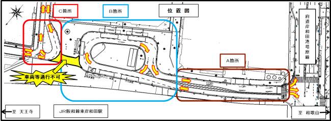 JR阪和線東岸和田駅東側道路位置図