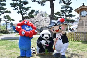 パンダのぬいぐるみ、岸和田市公式キャラクターちきりくん、大阪・関西万博の公式キャラクターミャクミャクのスリーショット