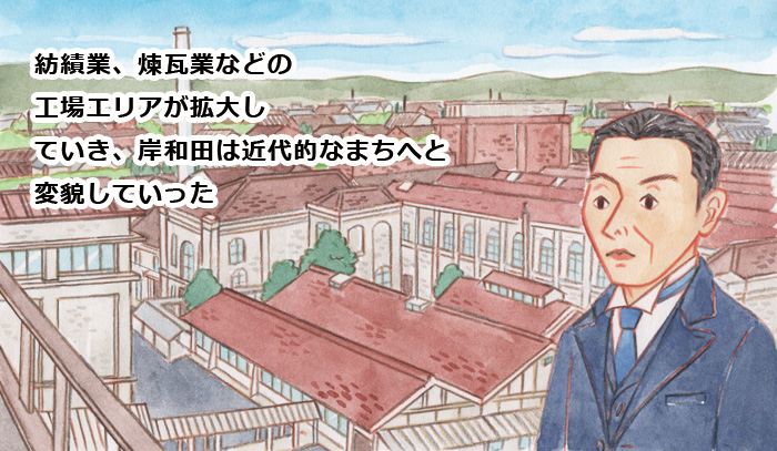 紡績業、煉瓦業などの工場エリアが拡大していき、岸和田は近代的なまちへと変貌していった