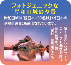 フォトジェニックな岸和田城の夕景　岸和田城は「続日本100名城」や「日本の夕陽百選」にも選出されています。第1回きしわだフォトコンテスト最優秀賞は岸和田城の夕景（撮影：奥田知行さん）