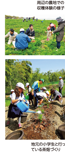 周辺の農地での収穫体験の様子や地元の小学生と行っている茶畑づくりの様子の画像