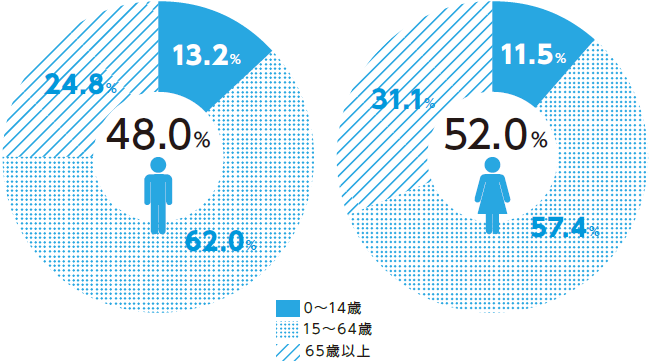 男女比率・年齢別人口の割合の円グラフ