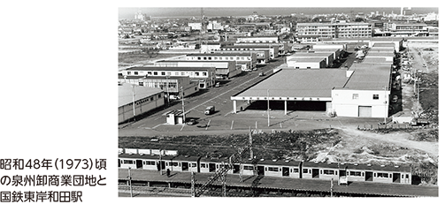 昭和48年（1973）頃の泉州卸商業団地と国鉄東岸和田駅