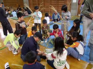 子ども達が、わらを使った縄作りをしている写真です