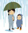 多くない雨の中、立って傘をさしている女性と子どものイラスト