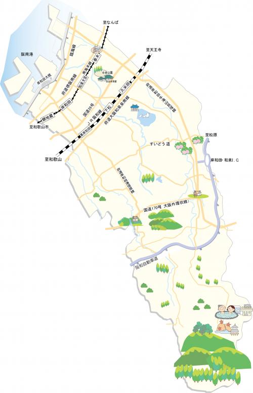 岸和田市全体のおおまかなイラストマップ