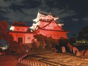 大阪モデルにより赤くライトアップされた岸和田城（昨年12月撮影　現在は通常のライトアップ）
