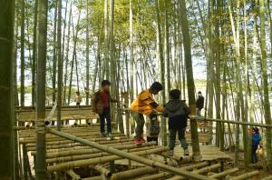 竹アスレチックで遊ぶ子供たち